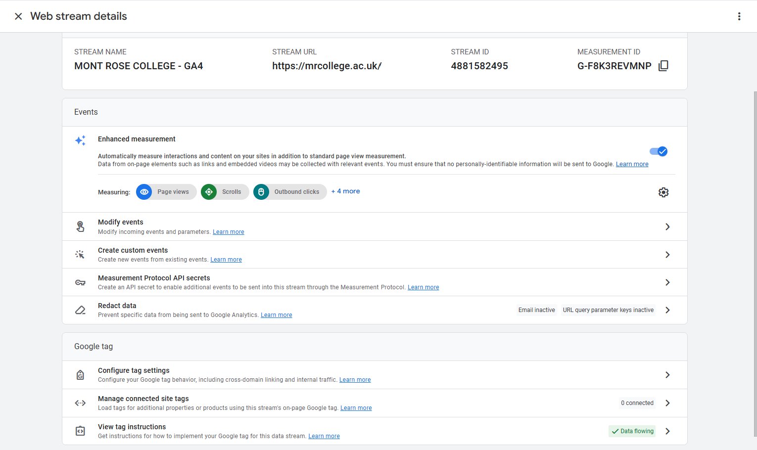 GA4 Web Stream Details - Measurement ID, Enhanced Measurement