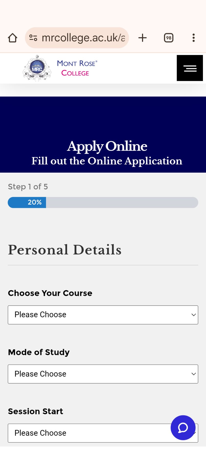 Mobile Apply Online - 5 Step Form, Chat Widget Overlap